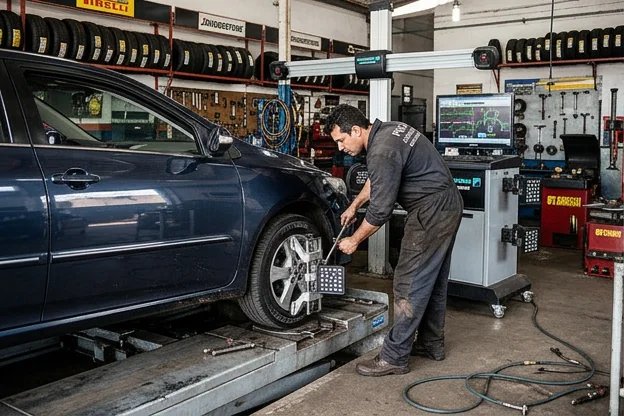Profissional realizando alinhamento de rodas em um carro em Catanduva.