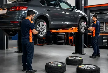 Profissional realizando o rodízio de pneus em Catanduva.